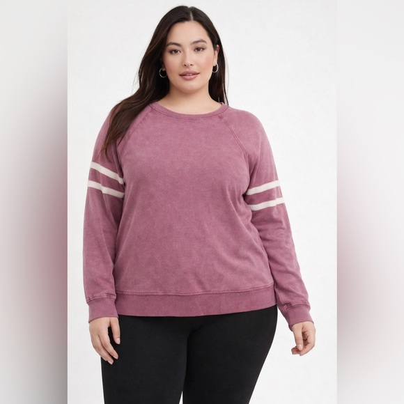 torrid Tops - Torrid Mineral Wash Varsity Sweatshirt 1X Pink & White Crew Neck Long Sleeve